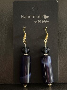 Handmade Navy Blue Cylinder Drop Earrings with Gold tone Hooks